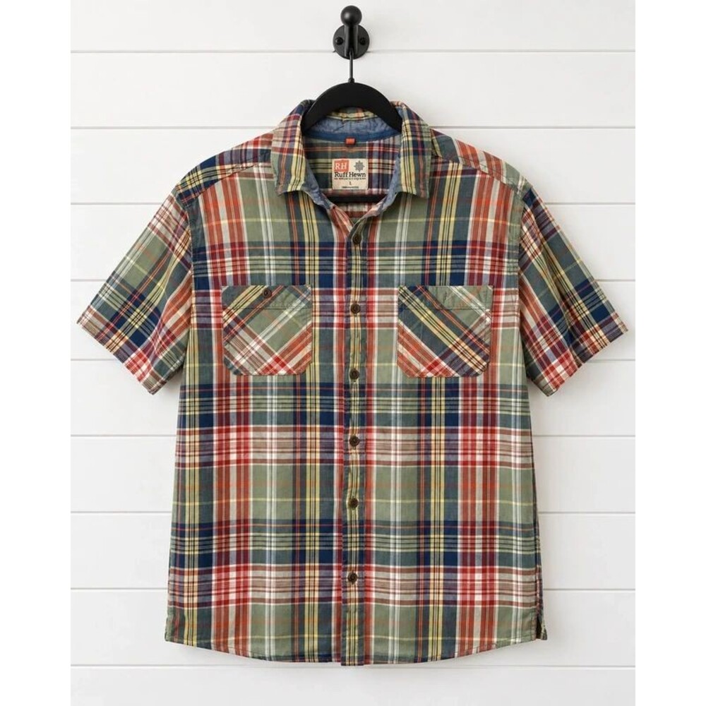 L Ruff Hewn Multicolor Plaid Short Sleeve Button-Up Shirt